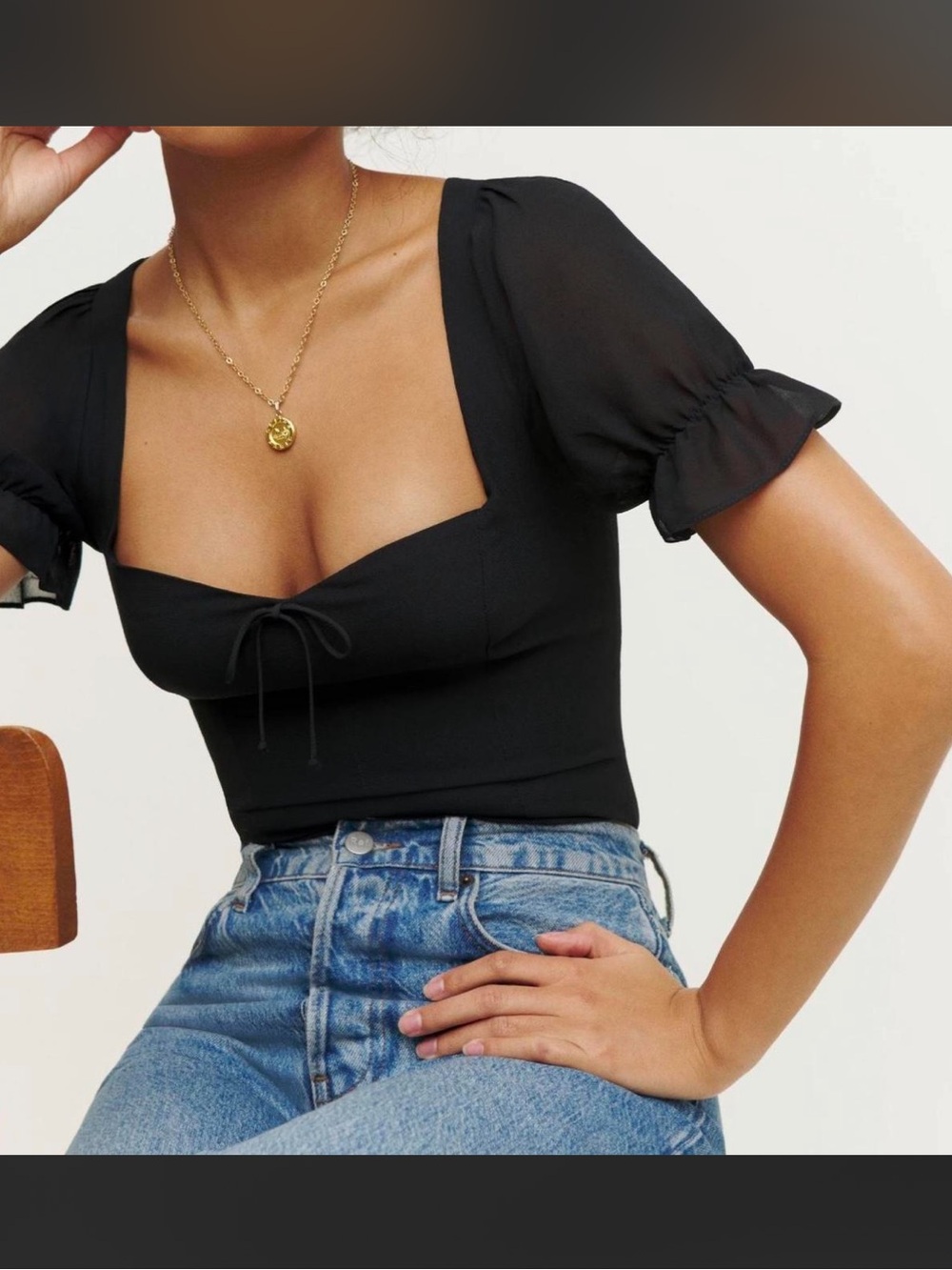 Reformation Black Square-Neck Tie-Front Puff Sleeve Crop Top sz 4
